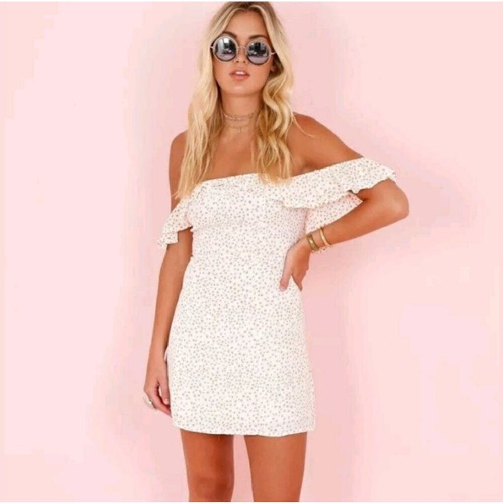 For Love & Lemons Womens Mini Dress Micro Stars Print Ruffle Small Aurora White